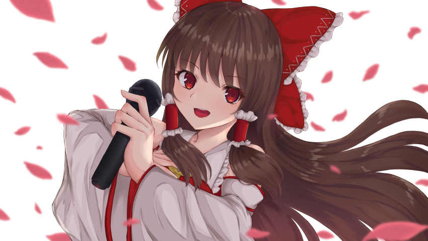 absurdres ascot bao_(s_888) bow brown_hair commentary_request detached_sleeves female floating_hair hair_tubes hairbow hakurei_reimu highres holding holding_microphone japanese_clothes long_hair microphone music nontraditional_miko open_mouth petals red_bow red_eyes red_shirt shirt sidelocks singing smile solo touhou upper_body white_background wide_sleeves