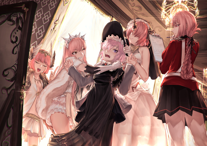 1boy 5girls alternate_costume astolfo_(fate) belt black_dress black_headwear black_ribbon black_skirt blunt_bangs braid bridal_veil chandelier circe_(fate) clipboard closed_eyes color_connection commentary_request dress elbow_gloves fate/apocrypha fate/grand_order fate_(series) feathered_wings florence_nightingale_(fate) frankenstein's_monster_(fate) gloves hair_color_connection hair_intakes hair_over_eyes hair_over_one_eye hair_ribbon head_wings highres holding holding_clipboard horns jacket joki_yoh long_hair mash_kyrielight mechanical_horns medb_(fate) medb_(first_ascension)_(fate) military military_uniform multicolored_hair multiple_girls one_eye_closed open_mouth pantyhose pink_hair pleated_skirt pointy_ears purple_eyes purple_hair red_jacket ribbon short_hair single_braid single_horn skirt smile streaked_hair tiara uniform veil white_belt white_dress white_gloves white_hair white_legwear white_skirt wings yellow_eyes