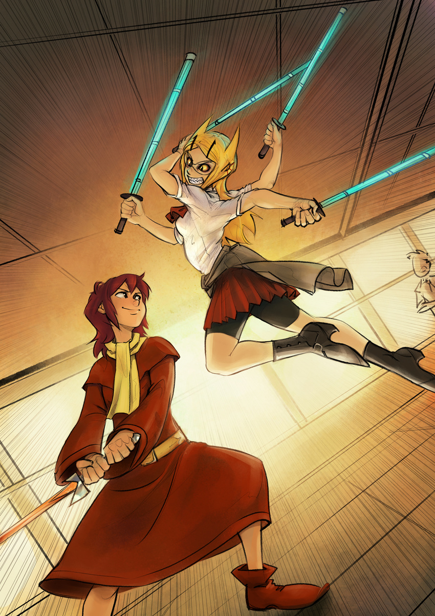 2girls animification ankle_boots battle bike_shorts black_footwear blonde_hair boots braces breasts clenched_teeth closed_mouth clothes_around_waist colored_sclera commentary crossover duel dutch_angle emphasis_lines english_commentary extra_arms fighting_stance from_side genderswap_(mtf) general_grievous glowing glowing_sword glowing_weapon grieve-tan hair_ornament hairclip high_heels highres holding holding_weapon jedi jumping light_smile long_hair long_sleeves multiple_girls parted_bangs pleated_skirt psuede quadruple_wielding red_skirt rule_63 scarf school_uniform sharp_teeth shinai shirt short_sleeves shorts shorts_under_skirt skirt slit_pupils small_breasts standing star_wars sweater sweater_around_waist sword teeth the_sword_in_the_stone weapon white_shirt yellow_scarf yellow_sclera