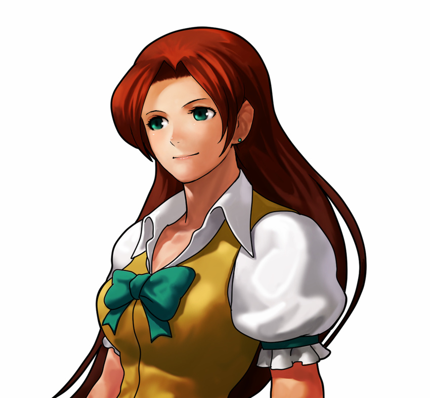 earrings female green_eyes jewelry kisarah_westfield long_hair neo_geo_battle_coliseum official_art ogura_eisuke puffy_short_sleeves puffy_sleeves red_hair school_uniform short_sleeves snk solo tsuukai_gangan_koushinkyoku