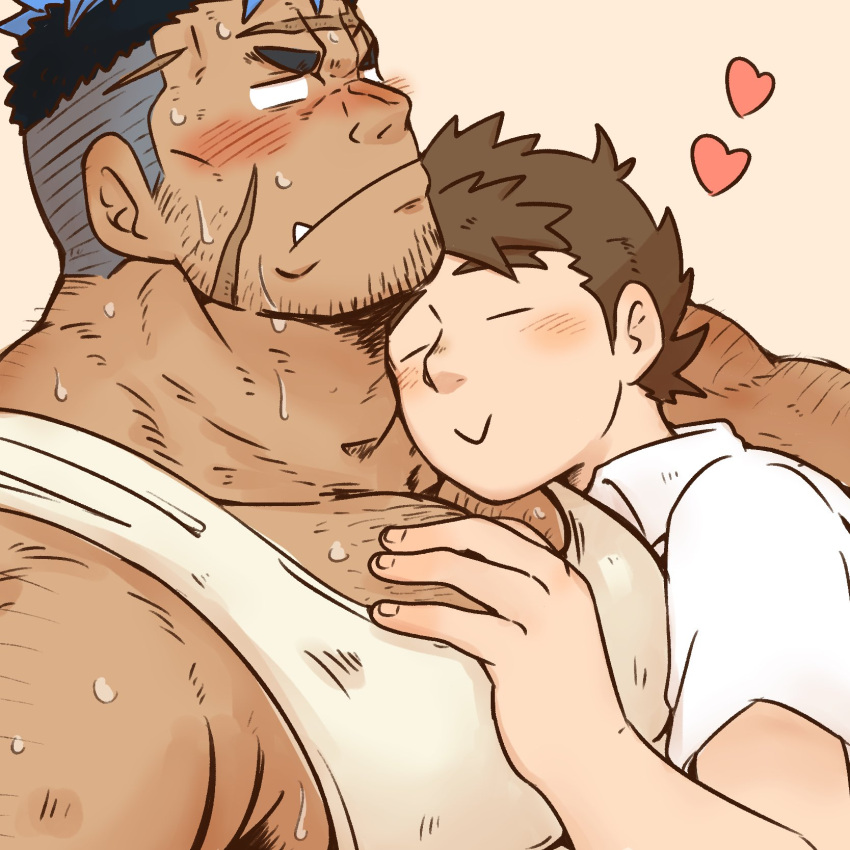 2boys :< =_= bara beard_stubble blank_eyes blue_hair blush cross_scar dark-skinned_male dark_skin eyebrow_stubble facial_hair from_side hairy hand_on_another's_chest highres large_pectorals live_a_hero loving_aura male_focus male_protagonist_(live_a_hero) mature_male multicolored_hair multiple_boys muscular muscular_male nervous_sweating pectoral_cleavage pectorals saruhiko_(mtmnkmn) scar scar_on_cheek scar_on_face scar_on_forehead short_hair shy sideburns_stubble size_difference sparse_arm_hair sparse_chest_hair sparse_stubble stubble sweat tank_top thick_eyebrows thick_neck tusks two-tone_hair undercut white_tank_top yaoi yoshiori_(live_a_hero)