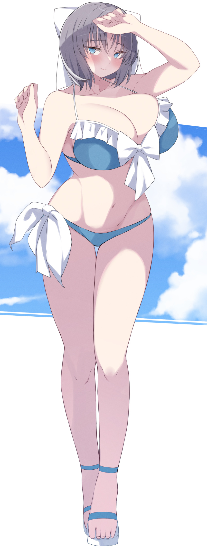 absurdres arm_up arms_up bare_arms bikini blue_bikini blue_eyes blue_sky blush breasts chimunge cleavage closed_mouth cloud collarbone commentary_request feet female frilled_bikini frills full_body grey_hair hair_between_eyes hair_ribbon highres large_breasts looking_at_viewer navel ribbon sandals senran_kagura senran_kagura_estival_versus senran_kagura_shinovi_versus short_hair sky solo standing swimsuit toes white_background yumi_(senran_kagura)