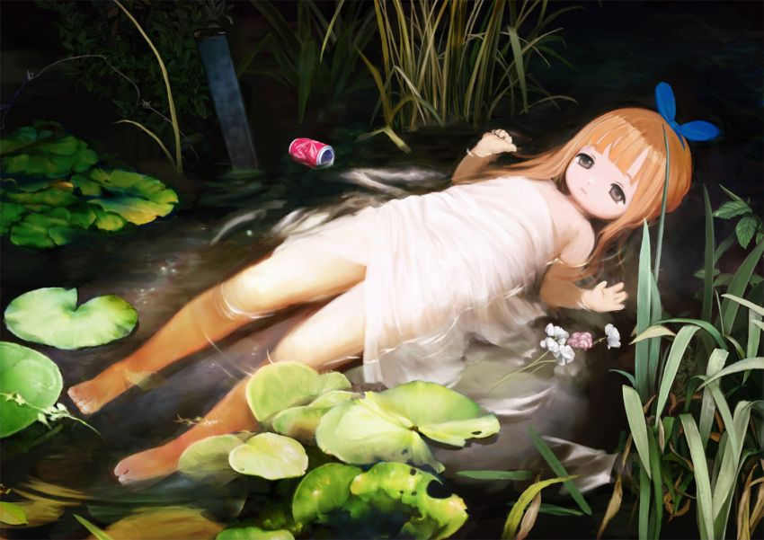 brown_eyes can drink_can expressionless female flat_chest flower full_body lily_pad long_hair lying naked_towel on_back orange_hair original partially_submerged soda_can solo tamerai_zero tareme towel water wetland