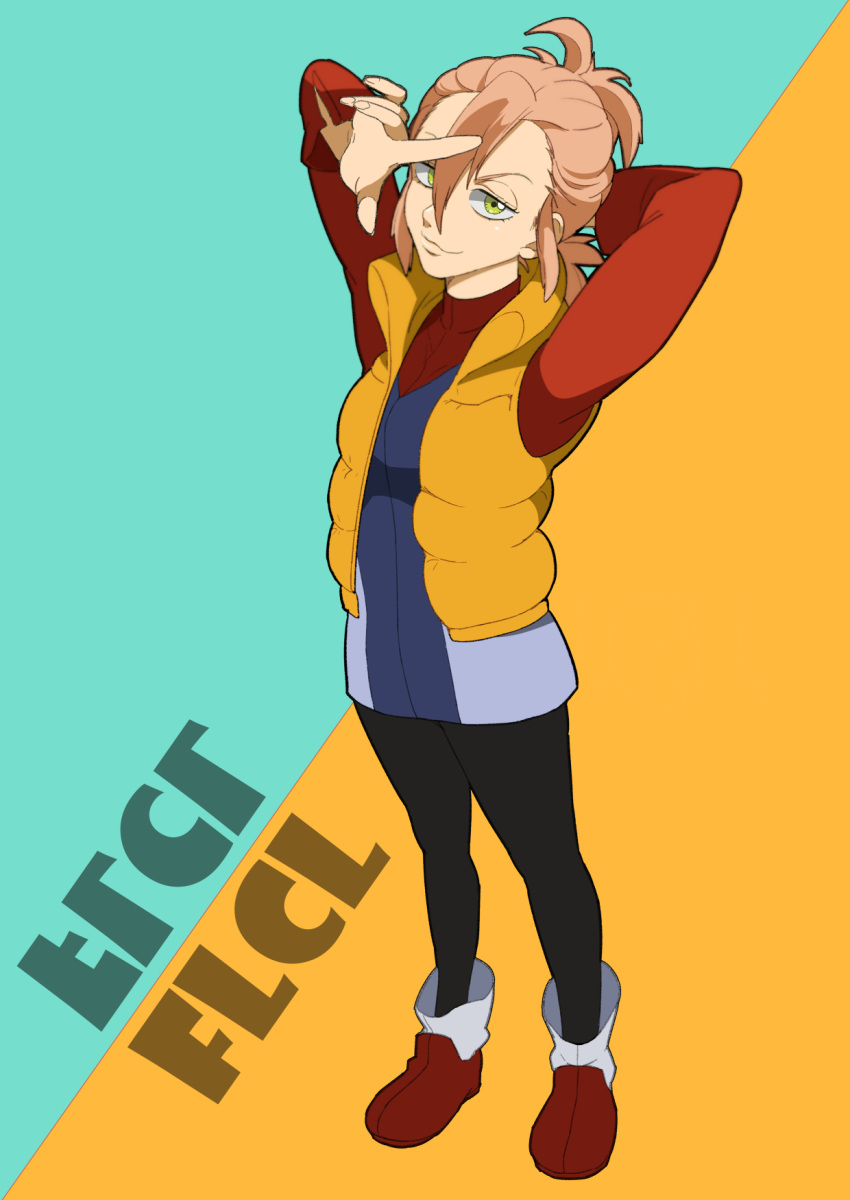 black_pants copyright_name female flcl flcl_alternative full_body hand_in_own_hair haruhara_haruko highres looking_at_viewer orange_vest pants ponytail red_footwear regain short_hair smile solo two-tone_background two-tone_shirt vest yellow_eyes