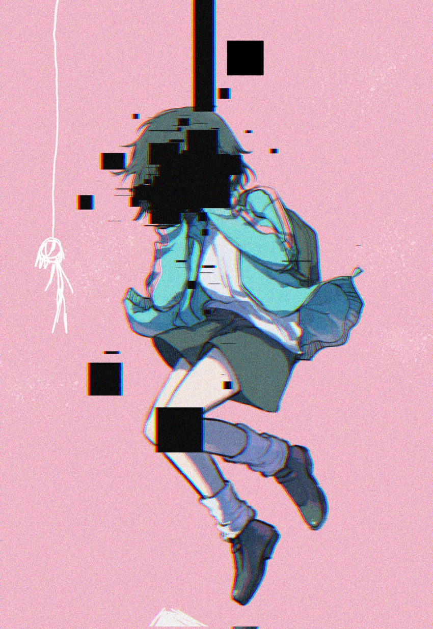 backpack bag black_bag black_footwear black_hair black_shorts blue_jacket censored commentary_request corrupted_twitter_file covered_face doodle_inset female film_grain floating full_body glitch glitch_censor hands_on_own_cheeks hands_on_own_face hanged highres iyowa_girls jacket korean_commentary kurari-chan_(iyowa) kyu-kurarin_(cevio) long_sleeves loose_socks open_clothes open_jacket pink_background sheepform542 shirt shoes short_hair shorts simple_background socks solo song_name stick_figure suicide track_jacket white_shirt white_socks