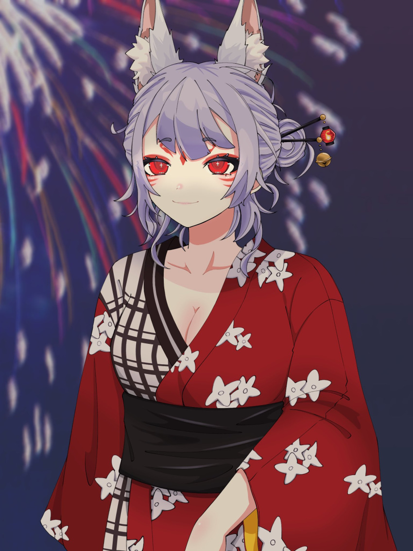 animal_ear_fluff animal_ears blurry blurry_background blush breasts collarbone english_commentary extra_ears eyeshadow facial_mark female fireworks forehead_mark fox_ears fox_girl grey_hair hair_bun hair_ornament hair_stick highres japanese_clothes kimono kitunekun404 looking_ahead makeup medium_breasts mixed-language_commentary nijisanji nijisanji_en nina_kosaka obi red_eyeshadow red_kimono sash single_hair_bun smile solo virtual_youtuber yukata