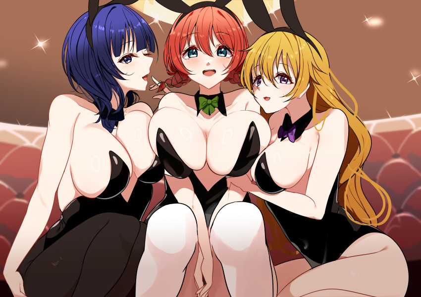 3girls :3 :d ;d absurdres alternate_costume animal_ear_hairband animal_ears asaka_karin asymmetrical_docking between_legs black_hairband black_leotard black_pantyhose blue_bow blue_bowtie blue_eyes blue_hair blunt_bangs bow bowtie braid breast_press breasts brown_hair cleavage collarbone commentary cowboy_shot dark_blue_hair detached_collar emma_verde fake_animal_ears feet_out_of_frame freckles green_bow green_bowtie hair_between_eyes hairband hand_between_legs highres huge_breasts konoe_kanata large_breasts leotard long_hair looking_at_viewer love_live! love_live!_nijigasaki_high_school_idol_club low_twin_braids medium_hair mole mole_on_collarbone multiple_girls one_eye_closed open_mouth pantyhose playboy_bunny purple_bow purple_bowtie purple_eyes rabbit_ear_hairband rabbit_ears sitting smile strapless strapless_leotard tarakon twin_braids