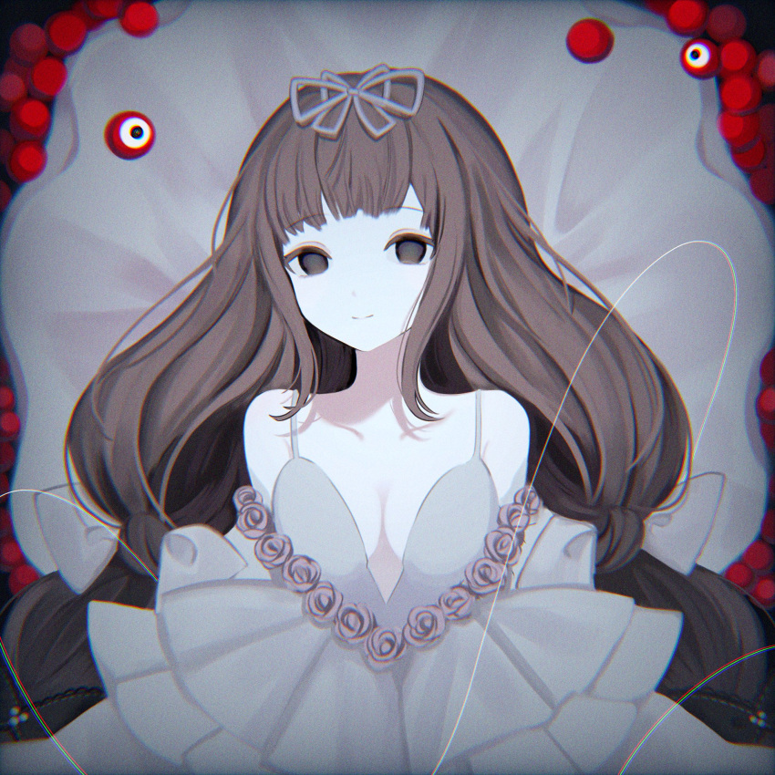 bare_shoulders black_eyes bow breasts brown_hair chromatic_aberration cleavage closed_mouth collarbone dress empty_eyes female film_grain flower grey_bow grey_dress grey_ribbon hair_ribbon hairbow highres horror_(theme) long_hair looking_at_viewer no_pupils original pink_flower pink_rose ribbon rose smile solo upper_body very_long_hair wm_q