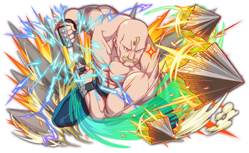 1boy abs alex_louis_armstrong anime_coloring aqua_eyes artist_request bald bare_arms bare_pectorals bare_shoulders blonde_hair blue_pants brass_knuckles cleft_chin clenched_hands closed_mouth collarbone crash_fever electricity eyelashes facial_hair fingerless_gloves full_body fullmetal_alchemist game_cg gloves handlebar_mustache male_focus manly moustache muscular muscular_male no_shirt number_print numbered official_art outline pants pectorals print_gloves red_outline smear_frame solo square square_print tachi-e tall_male third-party_source topless_male transparent_background weapon