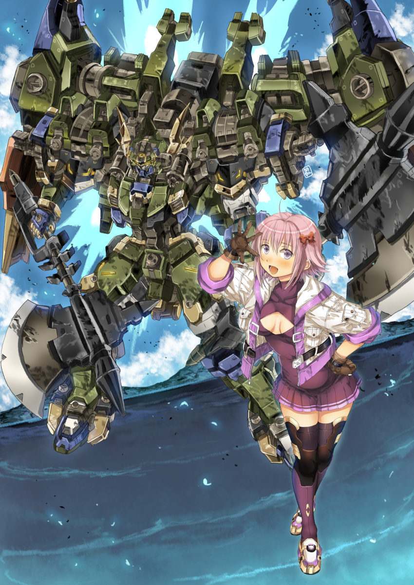 absurdres ahoge axe black_thighhighs boots bow breasts brown_gloves cleavage_cutout clothing_cutout cloud covered_collarbone dress dual_wielding female flying garimpeiro gloves glowing glowing_eyes hairbow hand_on_own_hip highres holding holding_axe hood hood_down hooded_jacket island jacket mecha ocean open_hand original purple_dress purple_footwear red_bow robot sky small_breasts smile thighhighs water white_jacket yellow_eyes