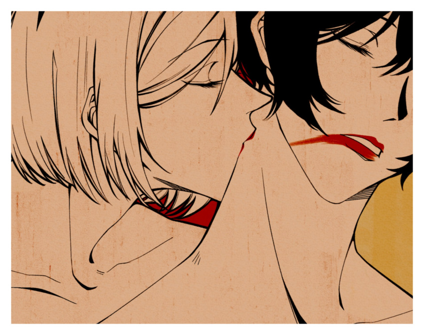 2girls closed_eyes commentary highres jujutsu_kaisen kissing kissing_neck kugisaki_nobara limited_palette lipstick makeup multiple_girls red_lips short_hair smeared_lipstick symbol-only_commentary yellow_background yitiaok01 yuri zen'in_mai