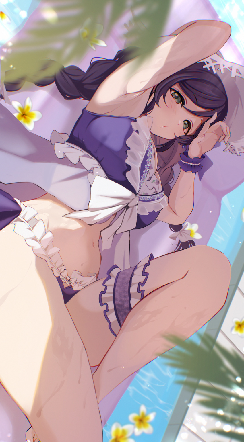 :o absurdres arm_behind_head armpits bikini blurry blush braid breasts bridal_garter day depth_of_field dot_nose female flower frilled_bikini frilled_cuffs frilled_garter frills from_above green_eyes hand_up hat highres knee_up large_breasts long_hair looking_at_viewer love_live! love_live!_school_idol_project lying navel on_back outdoors pool pukonuu purple_bikini purple_hair rotated sidelocks swimsuit tojo_nozomi twin_braids water wet white_flower white_hat wrist_cuffs