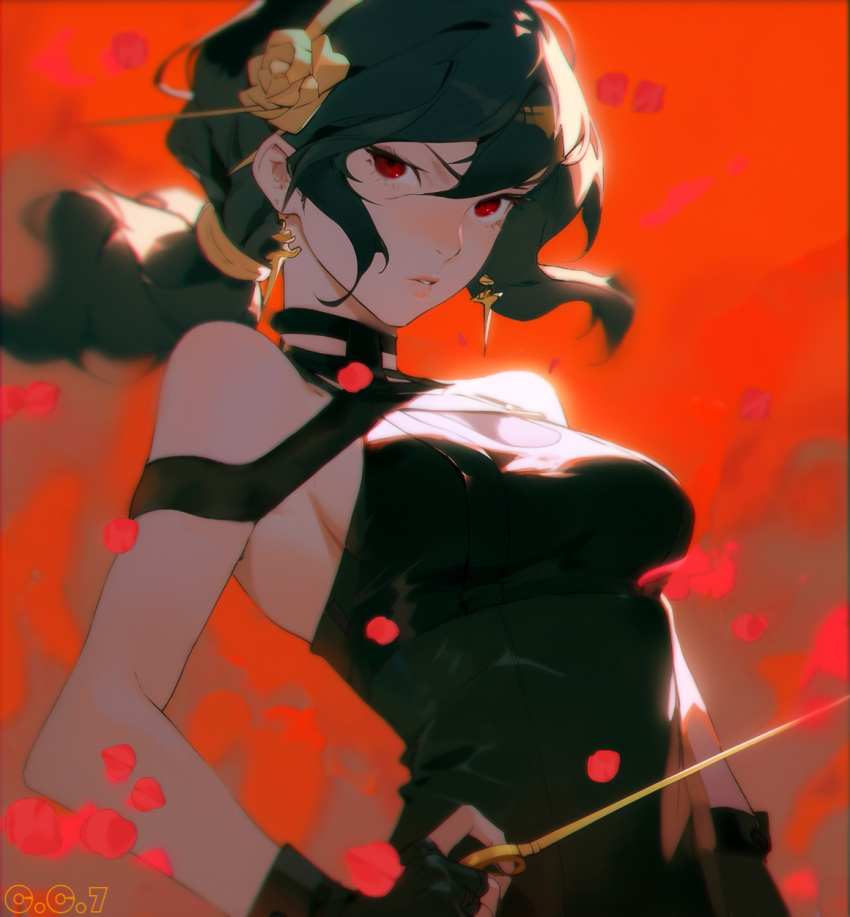 artist_name bare_shoulders black_dress black_gloves black_hair breasts charliecat700 clip_studio_paint_(medium) commentary dagger dress english_commentary falling_petals female fingerless_gloves flower gloves hair_ornament hairband halter_dress halterneck highres holding holding_weapon jewelry knife long_hair looking_at_viewer parted_lips petals photoshop_(medium) red_background red_eyes sidelocks solo spy_x_family stiletto_(weapon) upper_body weapon yor_briar