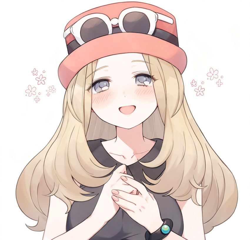 :d absurdres blonde_hair blush bracelet breasts collarbone collared_shirt commentary_request eyewear_on_headwear female flower_(symbol) grey_eyes hands_up happy hat highres jewelry long_hair looking_at_viewer nasakixoc open_mouth own_hands_together pink_hat pokemon pokemon_xy serena_(pokemon) shirt smile solo sunglasses white-framed_eyewear white_background