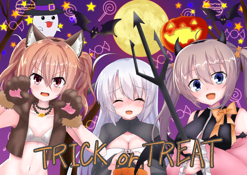 3girls :d ^_^ absurdres ahoge animal_ear_fluff animal_ears animal_hands ayachi_nene bare_shoulders basket bat_(animal) black_hat black_shirt blue_eyes blush bow bra breasts brown_hair brown_vest claw_pose cleavage cleavage_cutout closed_eyes clothing_cutout commentary_request demon_horns detached_sleeves english_text eyes_visible_through_hair facing_viewer fake_animal_ears fake_horns frilled_sleeves frills ghost gloves grey_hair hair_between_eyes hair_ornament halloween halloween_costume hands_up happy hat highres holding holding_basket holding_trident horns huge_ahoge inaba_meguru jack-o'-lantern jewelry large_breasts long_hair long_sleeves looking_at_viewer medium_hair multiple_girls navel necklace oerba_yun_fang official_alternate_costume official_alternate_hairstyle open_clothes open_mouth open_vest orange_bow orange_hair paw_gloves purple_background raised_eyebrows red_eyes sanoba_witch shiiba_tsumugi shirt shy side-by-side simple_background skin_fang sleeveless sleeveless_shirt small_breasts smile smug star_(symbol) star_hair_ornament trick_or_treat twintails underwear upper_body v-shaped_eyebrows vest wavy_hair white_bra wide_sleeves witch witch_hat wolf_ears yuku0307