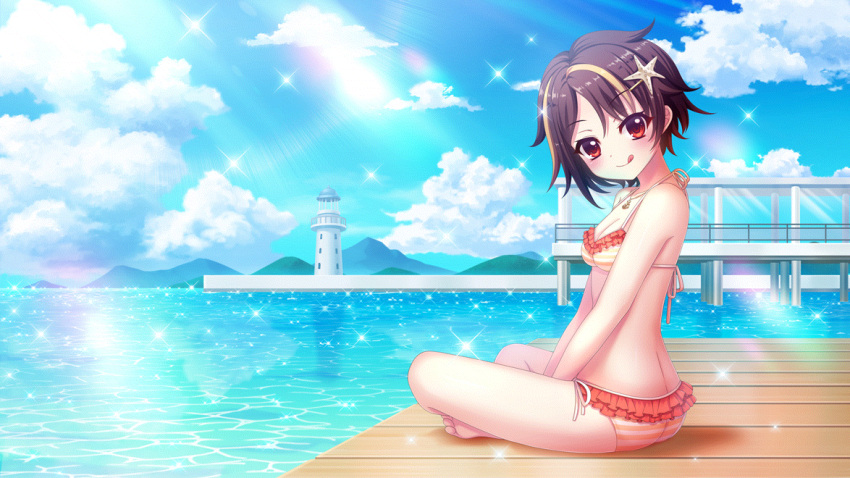 :q bandou_mikuru barefoot between_legs bikini blonde_hair blue_sky blush breasts brown_hair cleavage closed_mouth cloud dot_nose female film_grain frilled_bikini frills from_side game_cg hand_between_legs head_tilt indian_style izumi_tsubasu jewelry lighthouse looking_at_viewer looking_to_the_side mountainous_horizon multicolored_hair necklace non-web_source ocean official_art orange_bikini outdoors pier re:stage! red_eyes short_hair side-tie_bikini_bottom sitting sky small_breasts smile solo sparkle starfish_hair_ornament streaked_hair string_bikini striped_bikini striped_clothes sunlight swimsuit tongue tongue_out two-tone_hair