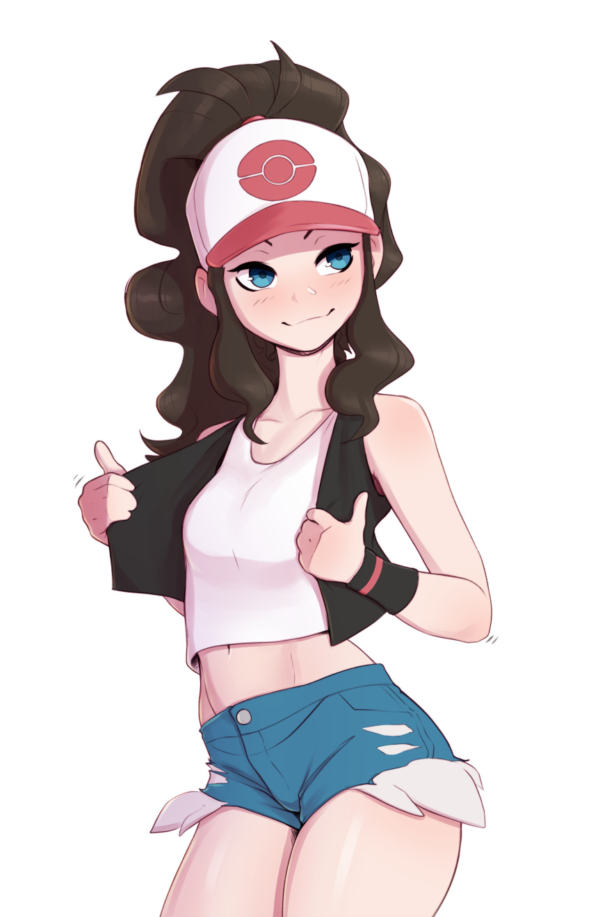 absurdres bare_shoulders baseball_cap black_vest blue_eyes blush breasts brown_hair closed_mouth collarbone cowboy_shot denim denim_shorts exposed_pocket female hat highres hilda_(pokemon) long_hair looking_to_the_side midriff navel open_clothes open_vest pokemon pokemon_bw ponytail pudgeruffian red_hat shiny_skin shirt short_shorts shorts simple_background sleeveless sleeveless_shirt small_breasts smile solo stomach torn_clothes torn_shorts vest white_background white_hat white_shirt wristband