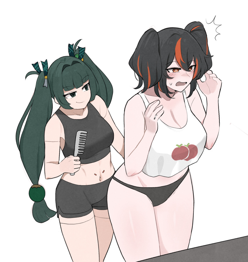 2girls alternate_hairstyle bare_shoulders black_hair black_panties black_shorts black_tank_top blunt_bangs comb cowboy_shot green_eyes green_hair hair_intakes hair_ribbon highres holding holding_comb long_hair mata_(matasoup) multicolored_hair multiple_girls open_mouth panties qingyi_(zenless_zone_zero) red_hair ribbon short_shorts shorts simple_background smile standing streaked_hair tank_top thighs twintails underwear very_long_hair white_background white_tank_top zenless_zone_zero zhu_yuan