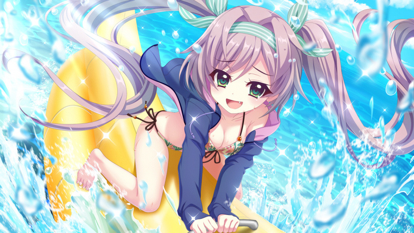 aqua_hairband banana_boat barefoot bikini blue_jacket blue_sky breasts cleavage cloud collarbone day dot_nose drawstring dutch_angle female film_grain front-tie_bikini_top front-tie_top game_cg green_eyes hair_intakes hairband horizon izumi_tsubasu jacket leaf_print long_hair long_sleeves looking_at_viewer misaki_sango non-web_source ocean oerba_yun_fang official_art open_clothes open_jacket open_mouth outdoors print_bikini purple_hair re:stage! riding side-tie_bikini_bottom single_off_shoulder sky small_breasts smile solo sparkle splashing string_bikini striped_clothes striped_hairband sunlight swept_bangs swimsuit twintails very_long_hair water_drop white_bikini