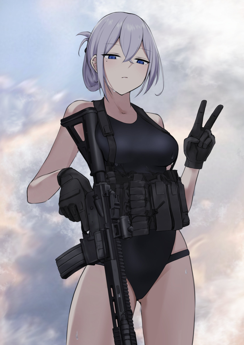 absurdres ammunition_pouch ar-15 assault_rifle black_gloves black_one-piece_swimsuit blue_eyes blue_sky breasts closed_mouth cloud cloudy_sky commentary commentary_request cowboy_shot expressionless female gloves gun highres holding holding_gun holding_weapon load_bearing_vest looking_at_viewer mole mole_under_eye one-piece_swimsuit original pouch rifle short_hair shsuta_0013 sky solo swimsuit v weapon white_hair