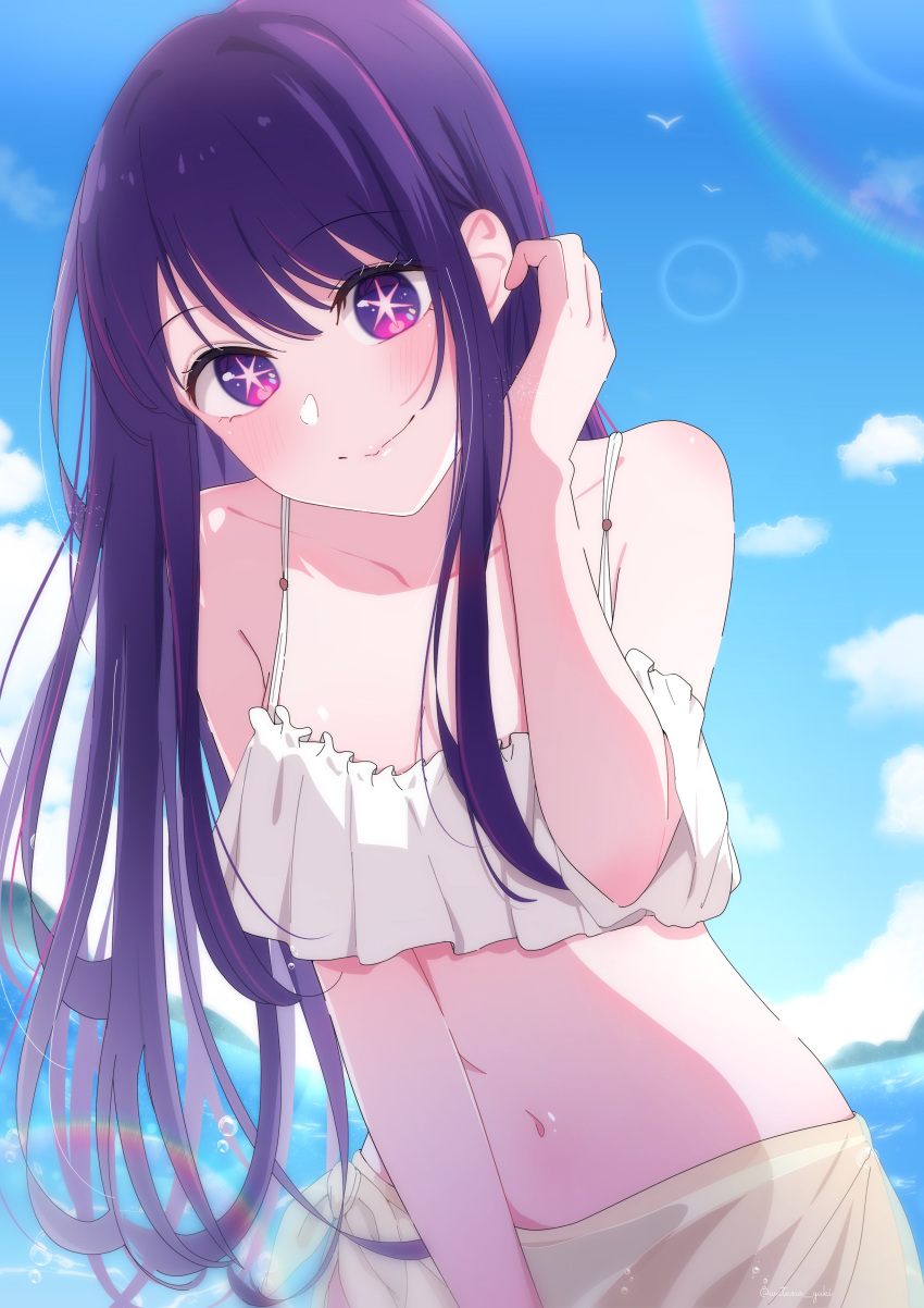 absurdres adjusting_hair bare_shoulders bikini blue_sky blush breasts cleavage closed_mouth collarbone commentary day eyelashes eyes_visible_through_hair female hair_behind_ear hair_between_eyes hand_up highres hoshino_ai_(oshi_no_ko) lens_flare long_hair looking_at_viewer medium_breasts midriff navel ocean off-shoulder_bikini off_shoulder oshi_no_ko outdoors purple_eyes purple_hair sidelocks sky smile solo spaghetti_strap split_mouth star-shaped_pupils star_(symbol) stomach straight_hair swimsuit symbol-shaped_pupils upper_body very_long_hair watano_yuki white_bikini