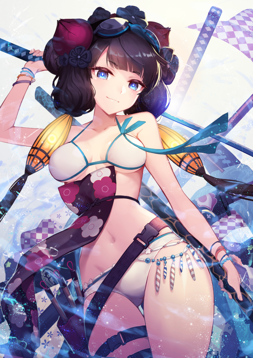 bare_shoulders beads belt bikini blue_eyes bracelet breasts cleavage collarbone fate/grand_order fate_(series) female floral_print goggles goggles_on_head hair_bun hair_ornament highres jewelry katana katsushika_hokusai_(fate) katsushika_hokusai_(swimsuit_saber)_(fate) long_hair looking_at_viewer medium_breasts nakamura_eight navel obi purple_hair sash sidelocks smile solo swimsuit sword thigh_strap thighs weapon white_bikini