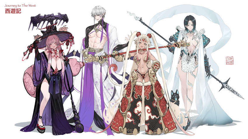 1boy 3girls absurdres alternate_costume alternate_design animal_ears black_choker black_dog black_footwear black_gloves black_hair black_myth:_wukong blonde_hair blue_eyes blush bo_staff bondage breasts bridal_gauntlets center_opening character_name character_request choker circlet closed_eyes dark-skinned_female dark_skin dishwasher1910 earrings elbow_gloves english_text erlang_(black_myth:_wukong) full_body gauntlets genderswap_(mtf) gloves hand_on_headwear hat high_heels highres holding holding_polearm holding_weapon japanese_clothes jewelry journey_to_the_west kimono large_breasts linea_alba long_hair looking_at_viewer medium_hair mole_beside_mouth monkey_girl monkey_tail multicolored_hair multiple_girls navel no_bra oerba_yun_fang off_shoulder open_mouth pink_hair polearm rule_63 scar scar_on_cheek scar_on_face shibari_under_clothes signature simple_background spear staff streaked_hair sun_wukong tail third_eye twintails very_long_hair weapon white_background