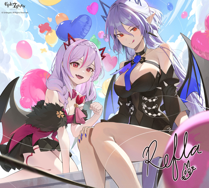 2girls :q abigail_(epic_seven) absurdres balloon bare_shoulders bat_wings black_bow black_bowtie black_sleeves bow bowtie braid breasts chest_strap cleavage clenched_hand cloud covered_navel detached_sleeves elvira_(epic_seven) epic_seven flower highres jewelry large_breasts long_hair looking_at_viewer medium_breasts multiple_girls necklace necktie oerba_yun_fang official_art official_wallpaper open_mouth pink_hair pointy_ears puffy_sleeves purple_flower purple_hair purple_nails purple_necktie red_eyes seiza signature sitting skin_fang sky sleeveless smile spikes thighs tongue tongue_out very_long_hair wings