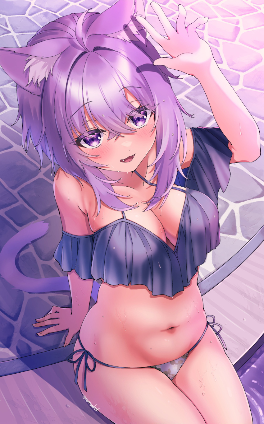 absurdres ahoge animal_ears bare_shoulders bikini black_bikini blush breasts cat_ears cat_girl cat_tail cleavage commentary_request female highres hololive large_breasts medium_hair nekomata_okayu partially_submerged purple_eyes purple_hair purple_tail shadow sitting solo spaghetti_strap swimsuit tail toketa_neko virtual_youtuber