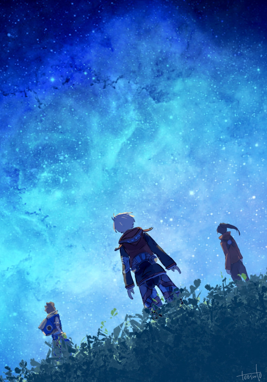 3boys black_hair blonde_hair brown_hair from_behind helmet highres hood hood_down in-franchise_crossover jacket multiple_boys night night_sky noah_(xenoblade) ponytail rex_(xenoblade) shulk_(xenoblade) sky sleeveless standing star_(sky) starry_sky toosut0 xenoblade_chronicles_(series) xenoblade_chronicles_1 xenoblade_chronicles_2 xenoblade_chronicles_3