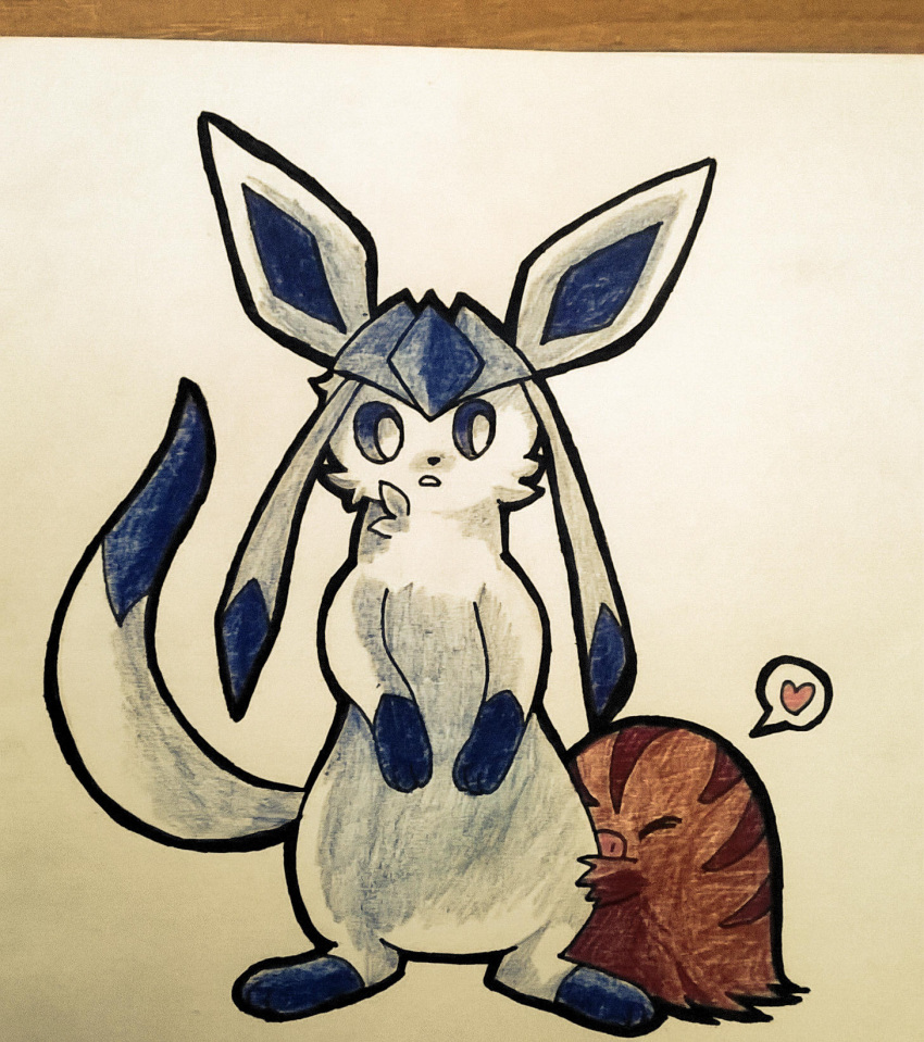 3_toes ambiguous_gender black_nose blue_body blue_eyes blue_fur blue_inner_ear blue_tail brown_body brown_fur cheek_tuft colored duo eeveelution facial_tuft feet feral fur generation_2_pokemon generation_4_pokemon glaceon heart_symbol hi_res hug larger_ambiguous larger_feral marker_(artwork) multicolored_body multicolored_fur neck_tuft nintendo on_hind_legs open_mouth paws pink_nose pokemon pokemon_(species) pupils shadnoir simple_background size_difference smaller_ambiguous smaller_feral speech_bubble swinub tail toes traditional_media_(artwork) tuft two_tone_body two_tone_fur two_tone_tail white_background white_pupils