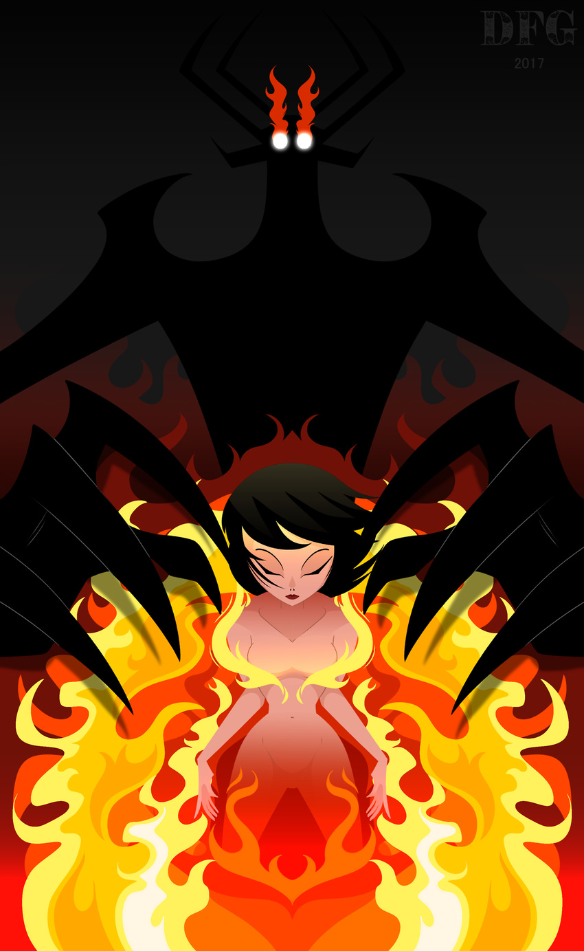 2017 aku ashi_(samurai_jack) black_hair closed_eyes dragonfoxgirl female fire highres nude samurai_jack short_hair solo spoilers