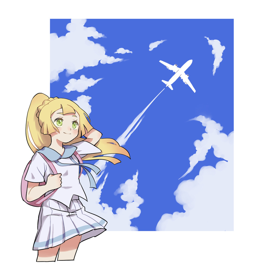 aircraft airplane arm_behind_head bag blue_sky blush cloud commentary_request day female green_eyes highres lillie_(pokemon) long_hair maga_(comicfans100) outside_border pleated_skirt pokemon pokemon_sm ponytail school_uniform serafuku simple_background skirt sky smile solo white_background