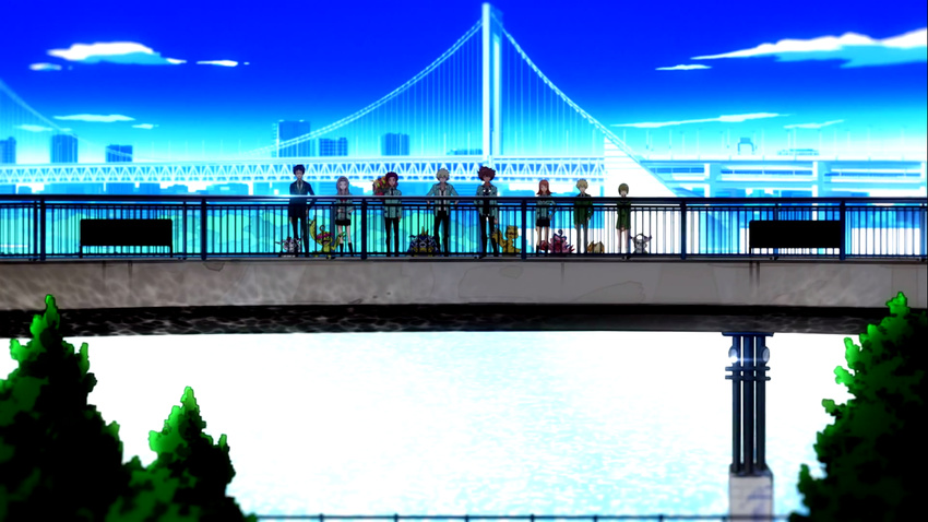 agumon biyomon bridge digimon digimon_adventure_tri gabumon glasses goggles gomamon ishida_yamato izumi_koushirou kido_jou multiple_boys multiple_girls palmon patamon school_uniform screenshot tachikawa_mimi tailmon takaisgi_takeru takenouchi_sora tentomon yagami_hikari yagami_taichi