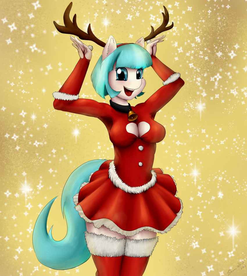 absurd_res anthro anthrofied breasts christmas cleavage clothed clothing coco_pommel_(mlp) collar female friendship_is_magic glitter gloves handwear happy hasbro hi_res holidays horn legwear looking_at_viewer my_little_pony open_mouth shamziwhite smile solo standing stockings thigh_highs