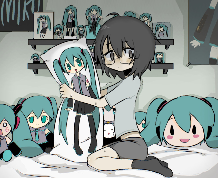 ^_^ ^o^ ahoge bags_under_eyes bed_sheet black_footwear black_skirt blue_hair blue_necktie blush_stickers boots character_doll closed_eyes closed_mouth collared_shirt collection dakimakura_(object) detached_sleeves female figure from_side full_body glasses grey_eyes grey_hair grey_shirt grey_shorts grey_socks hachune_miku hair_between_eyes hatsune_miku highres holding indoors long_hair looking_at_viewer necktie on_bed pale_skin pillow poster_(object) seiza semi-rimless_eyewear shaded_face shelf shirt short_hair short_sleeves shorts sitting skirt snale socks solo sweatdrop t-shirt thigh_boots thighhighs trembling twintails under-rim_eyewear very_long_hair vocaloid