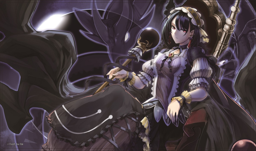 black_hair black_ribbon bonnet breasts dragon dress duel_monster earrings feet_out_of_frame female frilled_dress frilled_sleeves frills holding holding_staff jewelry ku-ba medium_hair neck_ribbon puffy_short_sleeves puffy_sleeves red_eyes ribbon short_sleeves sitting solo staff throne underworld_goddess_of_the_closed_world wrist_cuffs yu-gi-oh!