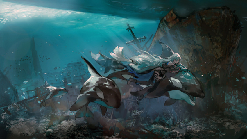 animal arknights azalea bubbles fish ruins skadi_(arknights) underwater water