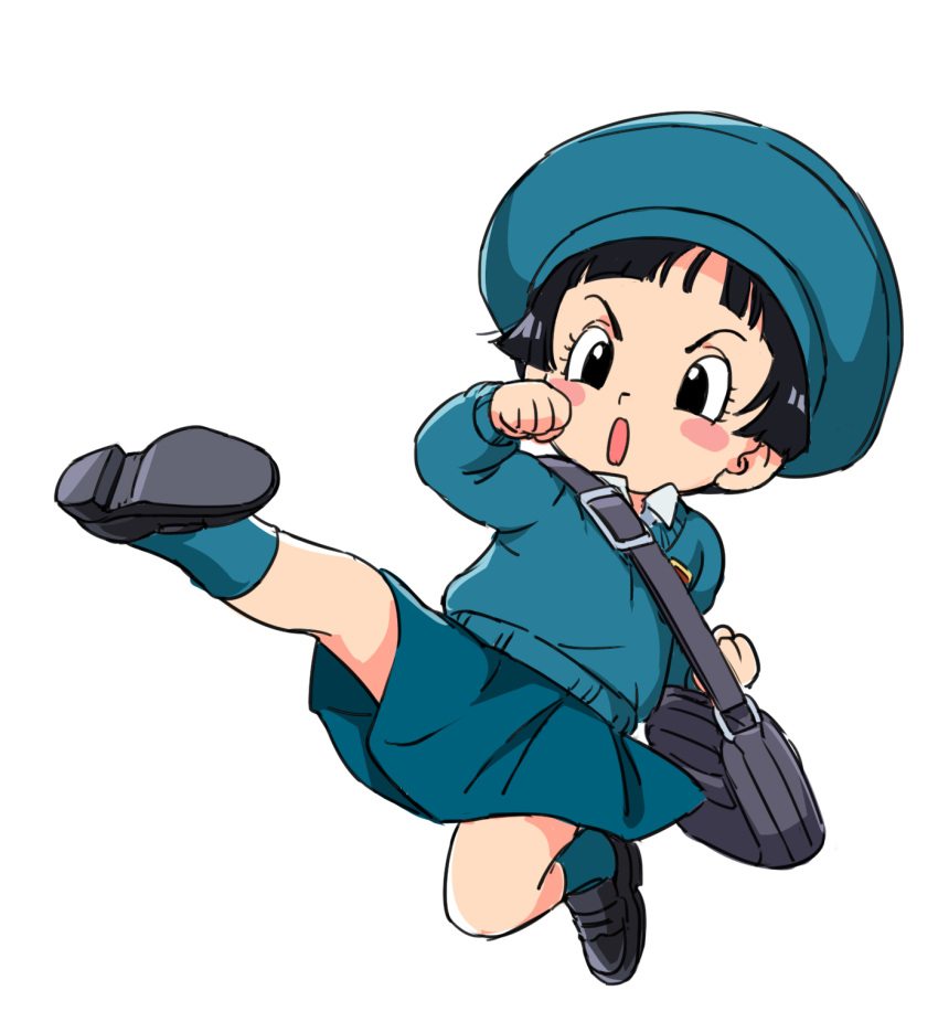 :o bad_id bad_twitter_id bag black_eyes black_footwear black_hair blue_hat blue_skirt blue_socks blue_sweater blush_stickers boriroba dragon_ball dragon_ball_super dragon_ball_super_super_hero female flying_kick full_body hat highres kicking kindergarten_uniform lolicon mary_janes pan_(dragon_ball) school_bag school_uniform shirt shoes short_hair simple_background skirt socks solo sweater very_short_hair white_background white_shirt