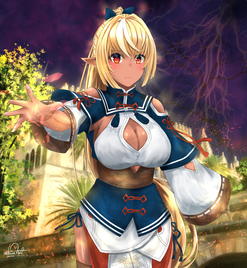 absurdres bare_shoulders blonde_hair blush breasts cleavage cleavage_cutout closed_mouth clothing_cutout commentary_request dark-skinned_female dark_skin elf female hair_ornament highres hololive long_hair looking_at_viewer multicolored_hair nakura_haru outdoors pointy_ears ponytail red_eyes shiranui_flare shiranui_flare_(old_design) shoulder_cutout signature streaked_hair tree virtual_youtuber