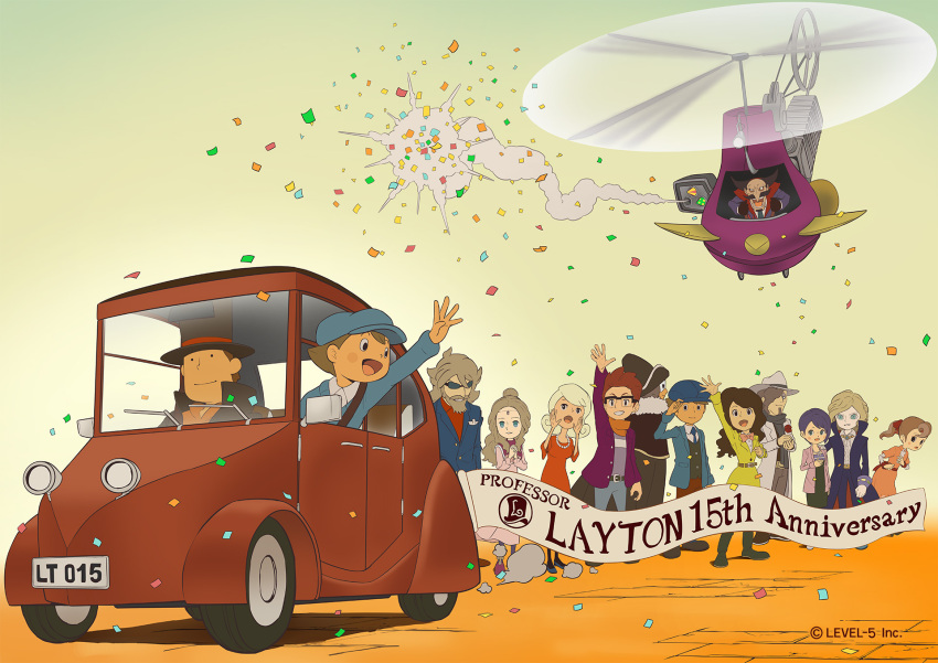 5girls 6+boys adjusting_clothes adjusting_headwear aircraft angela_ledore anniversary anthony_herzen aria_(professor_layton) beard blonde_hair blue_eyes blush_stickers bronev_reinel brown_hair car coat confetti copyright_name don_paolo facial_hair flora_reinhold future_luke glasses gloves goatee grandfather_and_granddaughter hat helicopter hershel_layton highres jean_descole jewelry katia_anderson level-5 long_hair luke_triton motor_vehicle moustache multiple_boys multiple_girls necklace official_art pearl_necklace ponytail professor_layton professor_layton_and_the_unwound_future purple_hair randall_ascot red_hair remi_altava simple_background top_hat vehicle_focus waving wheel