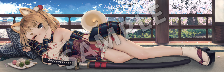 animal_ears armor blonde_hair blue_eyes bow cherry_blossoms closed_mouth cuddly_octopus dakimakura_(medium) dango day female food geta hikimayu indoors japanese_armor japanese_clothes katana kote kusazuri legs lying on_side one_eye_closed one_side_up petals pillow popolocroits sample_watermark sandals sanshoku_dango socks solo sword tabi tail tongue tongue_out tree wagashi watermark weapon white_socks