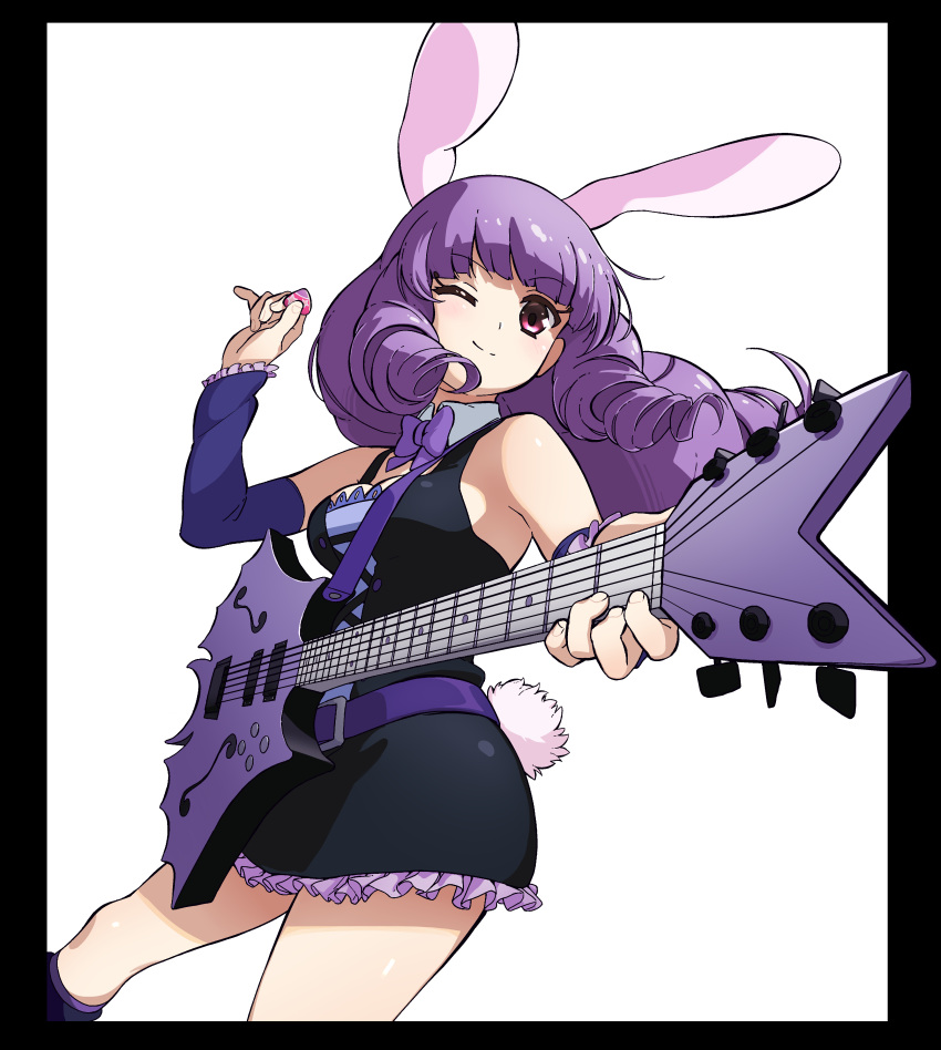 absurd_res alpha_channel animal_humanoid black_clothing black_dress bow_(feature) bow_ribbon bow_tie chuchu_(show_by_rock!!) clothing dress female guitar hair happy hi_res humanoid lagomorph lagomorph_humanoid leporid leporid_humanoid long_hair mammal mammal_humanoid musical_instrument one_eye_closed plucked_string_instrument purple_hair rabbit rabbit_humanoid sanrio show_by_rock!! simple_background solo string_instrument suke