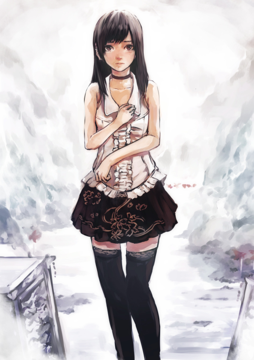 bare_arms bare_shoulders black_choker black_hair black_skirt black_thighhighs brown_eyes center_frills choker closed_mouth collared_shirt fatal_frame fatal_frame_5 female frilled_shirt frills gauss_<bokashi highres hinasaki_miu long_hair looking_at_viewer miniskirt shirt skirt sleeveless sleeveless_shirt solo thighhighs zettai_ryouiki