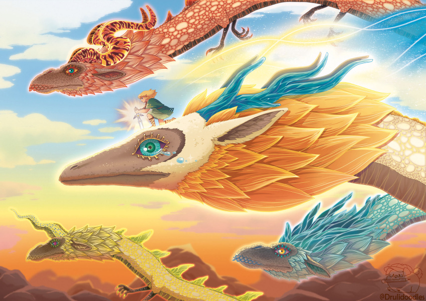 1boy above_clouds archaic_set_(zelda) blonde_hair cloud dinraal dragon drulidoodles eastern_dragon farosh flying glowing highres horns light_dragon_(zelda) link master_sword midair naydra spoilers sword tears the_legend_of_zelda the_legend_of_zelda:_tears_of_the_kingdom weapon