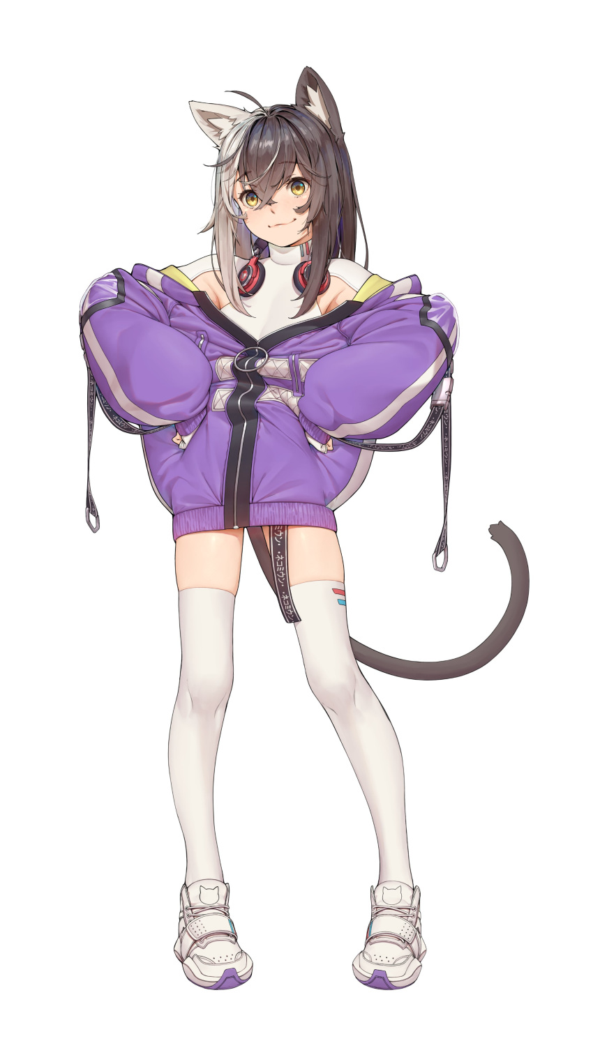 1boy absurdres ahoge animal_ears brown_hair cat_ears cat_tail closed_mouth full_body hands_on_own_hips headphones headphones_around_neck highres indie_virtual_youtuber jacket male_focus medium_hair multicolored_hair nekomium_(vtuber) otoko_no_ko popolocroits purple_jacket second-party_source shoes simple_background solo tail thighhighs turtleneck two-tone_hair virtual_youtuber white_background white_footwear white_hair white_thighhighs yellow_eyes zipper