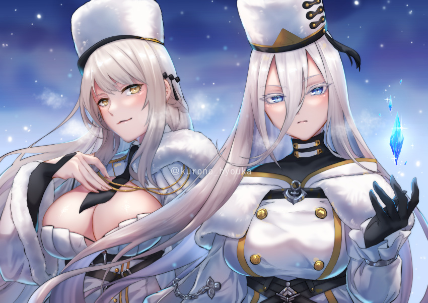 2girls absurdres azur_lane blonde_hair blue_eyes blush braid breasts brown_eyes dress hair_between_eyes hair_ornament hairclip hat highres jacket kirov_(azur_lane) kurono_hyouka large_breasts long_hair long_sleeves looking_at_viewer military_hat multiple_girls necktie open_mouth short_hair smile snowing sovetsky_soyuz_(azur_lane) trait_connection very_long_hair white_hair