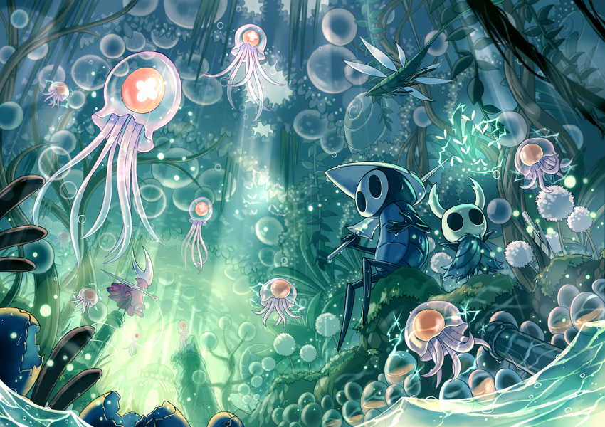 1boy 1other bug butterfly cloak commentary cracked_mask egg electricity female fireflies firefly floating flying grass hollow_eyes hollow_knight hornet_(hollow_knight) knight_(hollow_knight) lance leaf mamoru_mikokoro mask md5_mismatch nail_(hollow_knight) nature needle needle_(hollow_knight) plant polearm quirrel resolution_mismatch sitting source_smaller standing sunlight thread tree vines water weapon wet