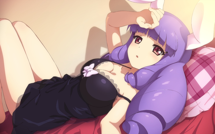 animal_humanoid bed black_clothing black_dress blush bow_ribbon breasts chuchu_(show_by_rock!!) clothing dress female furniture hair hand_on_head hi_res humanoid lagomorph lagomorph_humanoid leporid leporid_humanoid long_hair mammal mammal_humanoid pillow purple_hair rabbit rabbit_humanoid sanrio shadow show_by_rock!! solo suke