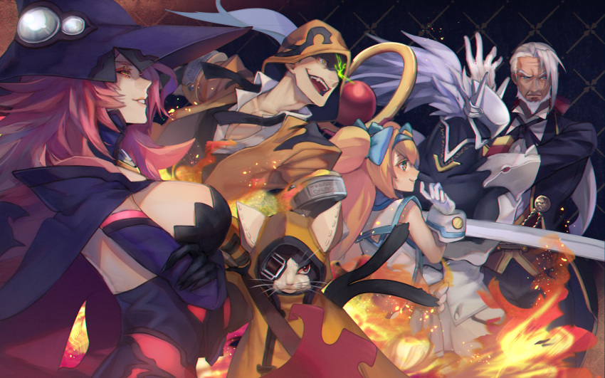 2girls 3boys ahoge akilico animal_ears blazblue blonde_hair cat_ears cat_tail green_eyes grey_hair hakumen hat highres jubei_(blazblue) konoe_a._mercury multiple_boys multiple_girls pink_hair platinum_the_trinity red_eyes tail twintails valkenhayn_r._hellsing witch_hat yellow_eyes yuuki_terumi